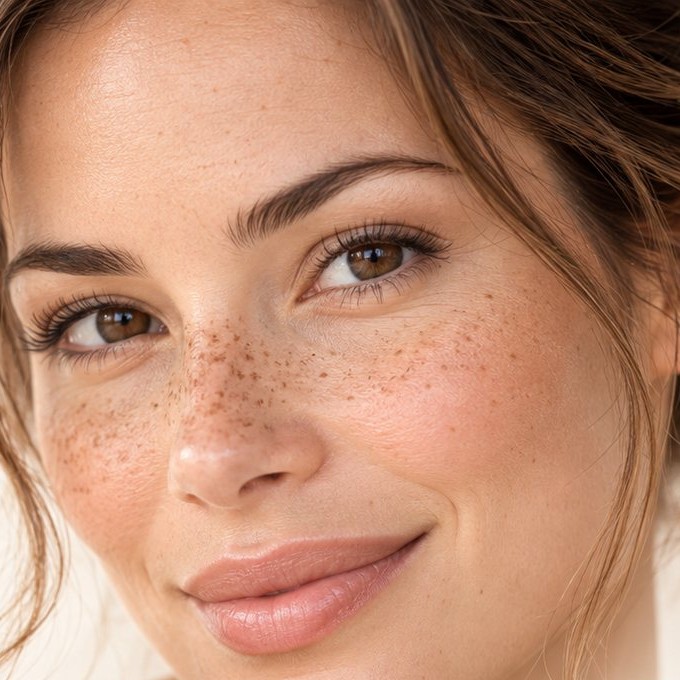 Visage naturel et lumineux : sourcils, lèvres et taches de rousseur
