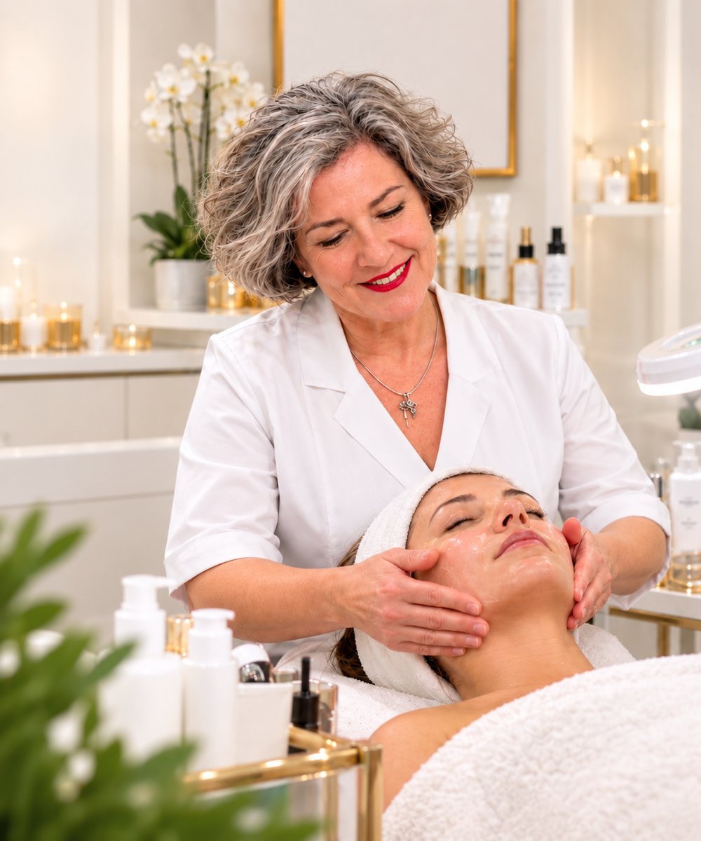 Une cliente détendue en cabine, les mains de Célia posées sur son visage